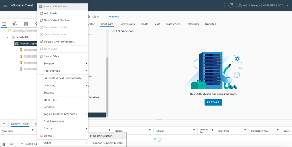 vSAN 关闭工作流程中不一致的集群电源状态