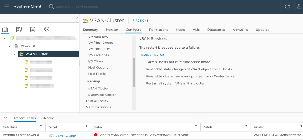 vSAN 关闭工作流程中不一致的集群电源状态